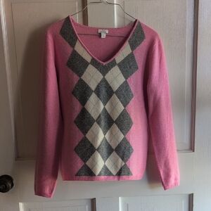 Apt. 9 Pink and Gray Argyle V-Neck Cashmere Sweater